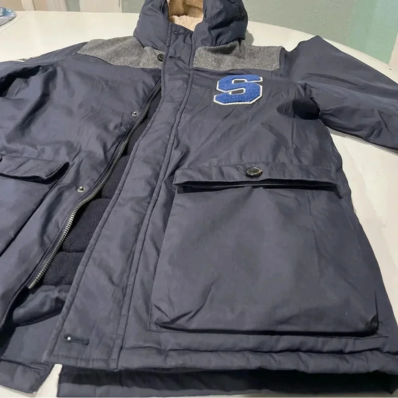 Zara coat boys 13/14 heavy weather parka peacoat blue varsity wool 164 cm lined - Picture 2 of 9